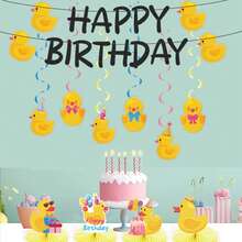12pcs Yellow Duckling Theme Birthday Party Banner, Hanging Decor And Cake Topper. Adorable Happy Birthday Party Decorations