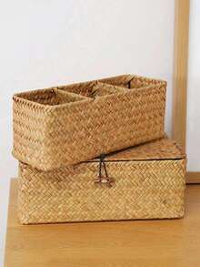 1pc Handwoven Seaweed Storage Basket, Wicker Frame With Lid, Rectangular Small Storage Box, Desktop Organizer, Home/Kitchen/Bathroom/Bedroom Decor (Style Sent Randomly) - Ginger - View 2