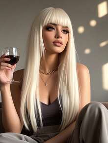 华丽浪漫 26 英寸直金色假发，带刘海，适合自然发质，轻盈透气，Y2K 耐热合成纤维假发，适合女性日常佩戴，节日派对假发，角色扮演，万圣节，圣诞节礼物，音乐表演，休闲时尚假发 - 金色 - 查看 4