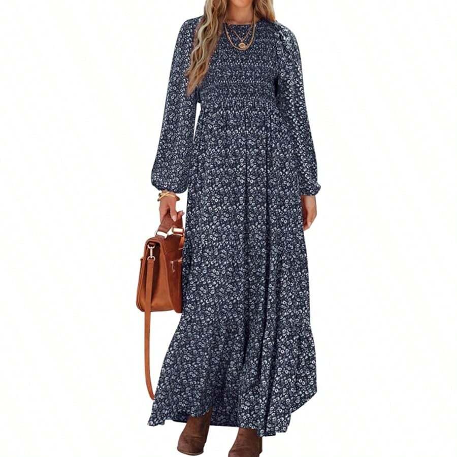 Fall  2025 Long Sleeve Flowy   Maxi Dress Crew Neck  Tiered Long Dress