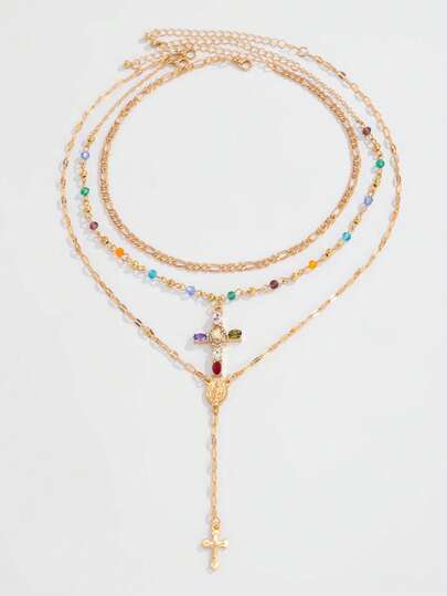 3pcs Men's Hip Hop Layered Colorful Crystal Beaded Cross Pendant Necklace Set