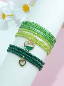 9件装绿色种子珠心形吊坠手链套装，适合日常佩戴，沙特国庆节节日礼物 - 綠色 - 查看 1