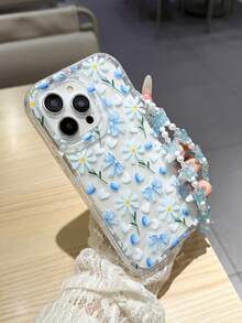 Blue Floral Phantom Wave Pattern Anti-Drop Phone Case With Butterfly Lanyard, Compatible With Apple 16, 14 Pro Max, High-Quality New 13, 15, Ins Style 12/12 Pro, 11, 13 Pro Max, XS, 12 Pro Max, 16