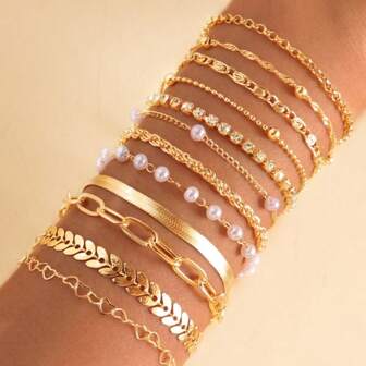 12pcs Set Minimalist Heart Faux Pearl Rhinestone Snake Chain Bracelets, Women's Gift For Date, Vacation, Everyday Matching, Suitable For Party, Gift For Girlfriend, Friend