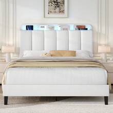 Bed Frame With Storage Headboard, Bed Frame With LED Lights, No Box Spring Needed, Easy Assembly, White/ Black(USB LED Strip) - 白色 - 查看 10