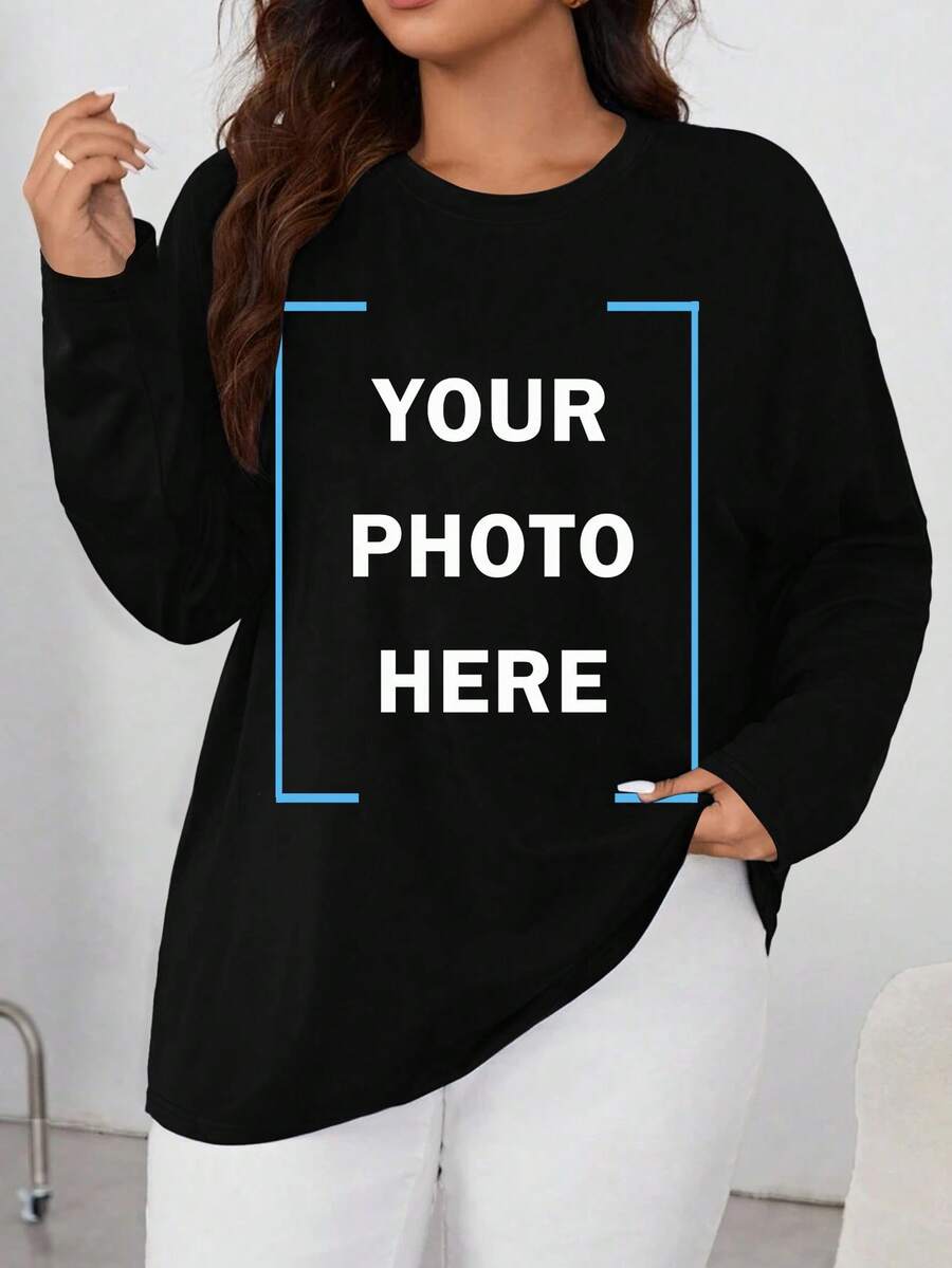 Plus Size Customized Photo Women's Long Sleeve Crew Neck Casual Lounge Top For Autumn Customize Your Favorite Pictures (Love Pets/Family/Lovers/Friends/Brothers/Sisters/City/Scenic Photos, Etc.), Fall, Cozy