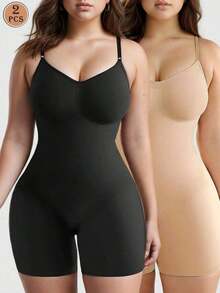 2 paquetes Bodys sin costuras moldeadores de mujer Leotardo de yoga sólido - Negro + albaricoque - Ver 1