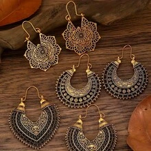3 Pairs Vintage Metal Hollow Flower Earrings Set Women Bohemian Carved Drop Earring Daily Wear Festival Souvenir Gifts - 3 Pairs/Set - 查看 2