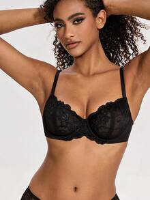 Wingslove Women's Sheer Lace Bra With Floral Pattern, Unpadded Underwire Unlined Balcony Cup Bra - Black - View 1