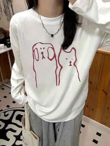 Women's Loose Fit Cartoon Print Long Sleeve Cotton T-Shirt, Versatile For Spring And Autumn