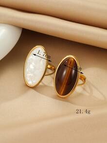 Bộ 2 trang sức đá quý hình bầu dục màu nâu và trắng bằng thép không gỉ kiểu dáng phóng đại màu vàng dành cho nữ, thích hợp để đeo hoặc làm quà tặng - Vàng - Xem 2