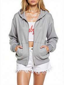 Sudadera informal para mujer con cremallera, hombros caídos, forro térmico y cordón ajustable para una comodidad informal diaria y un estilo de otoño/invierno. - Gris - Ver 8