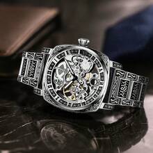A Men's Silver-Black Steel Strap Elegant Retro Roman Numeral Dial Flywheel Automatic Mechanical Watch - Silver - View 4