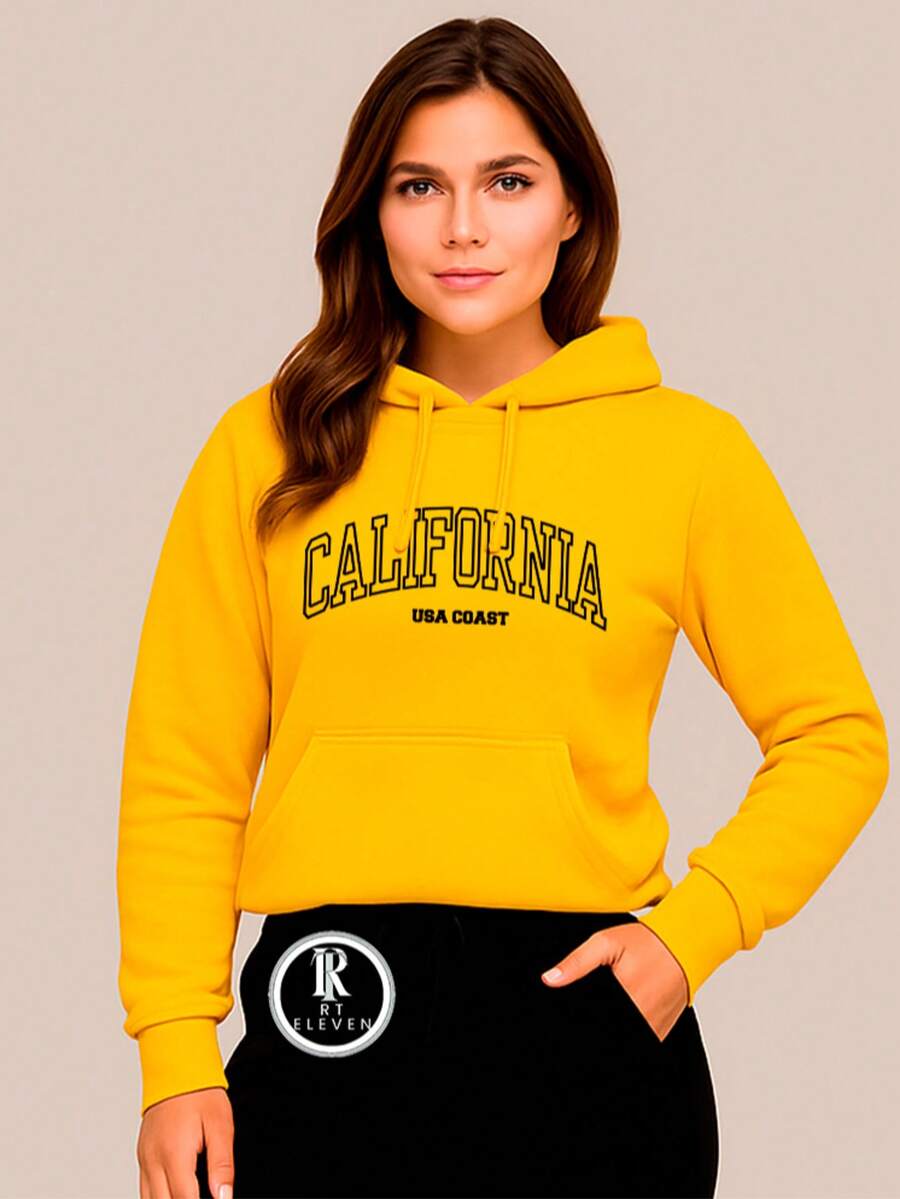 Women's Cold Weather Sweatshirt In Various Colors With California USA Print Fast Shipping Blouse With Pocket And Hood - 黃色 - 查看 1