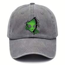 Alien Theme Baseball Cap - Vintage Washed Cap, Distressed Sun Hat With Green Alien Pattern, Adjustable Fit, Ideal For Men And Women For Halloween And Outdoor Fashion, Halloween Headwear | Playful Pattern Hat - 灰色 - 查看 2
