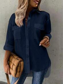 Plus Size Solid Color Casual Polo Shirt Spring - Navy Blue - View 2