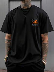 Men's "Salty Crew" Pattern T-Shirt - Casual Short-Sleeved, Eye-Catching Blue And Orange Octopus Print, Machine Washable, The First Choice For Summer Outing Gifts, Outdoor Adventure Clothing, Bright Design, Breathable Fabric - 黑色 - 查看 3