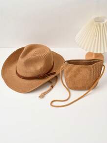 1pc Wide Brimmed Straw Hat, Sun Protection Western Cowboy Hat/Cowboy Hat, Summer Beach Sun Protection Rope Hat, Portable Folding Design - Panama Straw Hat - View 3