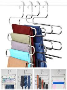 5-Layer Silver Metal Pants Rack, 1 Multi-Layer Jeans Rack, Stainless Steel Multifunctional S-Shaped Multi-Layer Hanger, Saving Wardrobe Space, Optional With Anti Slip Buckle For Storing Pants, Towels, And Clothing,Spring,Minimalist,Summer Tops,Room Decor,Hangers For Clothes,Dorm Room Essentials