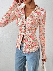 Women Button Down Floral Shirts  Fall Long Sleeve V Neck Ruched Fitted Mesh Blouse Tops Date Outfits Valentine's Day Vacation Fall Clothes For Women - Pink Flowers On White Background - View 6