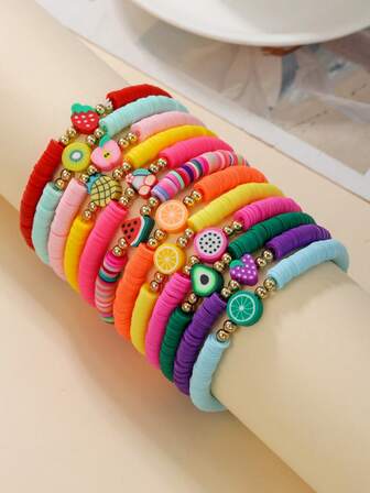 12pcs Polymer Clay Beaded Bracelet In Fruits Shape, Bracelet Set Stackable Hand Jewelry For Decoration