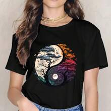 1 件阴阳生命树热转印乙烯基贴片 - 灰色和黄色双季节设计（秋冬和春夏）带有鸟类、蝴蝶和月亮 - DIY 熨烫贴花，适用于衬衫、牛仔裤、包包 - 男女通用时尚贴纸、服装定制、自然灵感艺术、复杂的树枝设计 - 彩色 - 查看 5