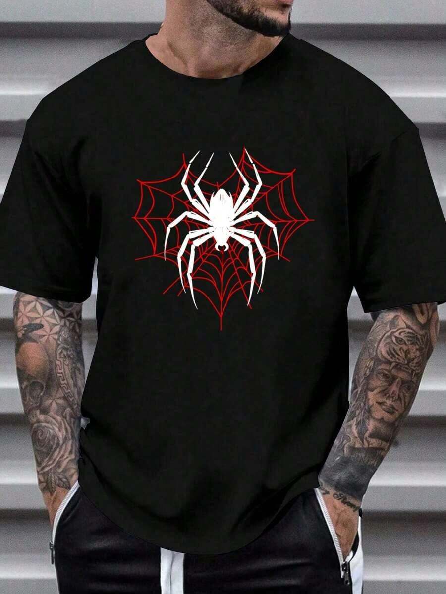 Manfinity  Camiseta de manga corta con cuello redondo y gráfico de araña, de punto negra para hombre, para salir - Negro - Ver 1