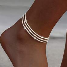 MONALLY 3件套银色三层闪亮脚环，节日送礼佳品，优雅不锈钢材质，防过敏，三层闪亮脚环/手环，低过敏性，可调节链条，适合作为礼物、海滩休闲装和夏季时尚单品。 - 銀色 - 查看 3