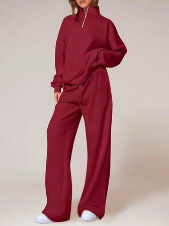 Conjunto de dos piezas de ropa deportiva casual de moda para mujer en otoño/invierno: conjunto de dos piezas con una parte superior de manga larga con cremallera y cuello, y pantalones anchos de cintura alta.