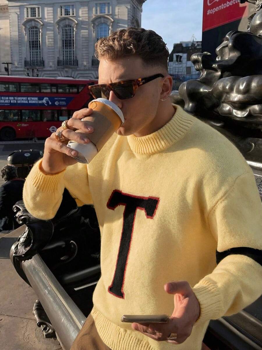 ANDREILEE Minimalist Style Preppy Style Long Sleeve Round Neck Dropped Shoulder Letter Print Pullover Sweater, Suitable For Spring, Autumn, Winter - Yellow - View 1