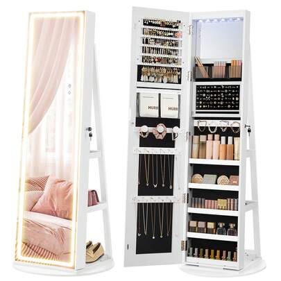 SONGMICS LED Jewelry Cabinet Standing, Lockable Armoire With Full-Length Mirror And Adjustable Lights, Space-Saving Organizer, Gift Idea