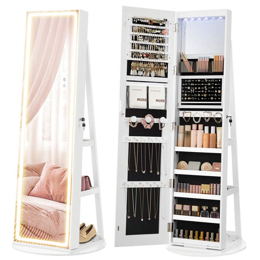SONGMICS LED Jewelry Cabinet Standing, Lockable Armoire With Full-Length Mirror And Adjustable Lights, Space-Saving Organizer, Gift Idea - Xem 1