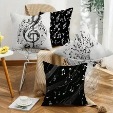 4pcs Black & White Musical Note Throw Pillow Covers - Machine Washable Polyester, Zippered, Suitable For Indoor & Outdoor Decor, Bohemian Style Decorative Pillow Covers (Pillow Insert Not Included) - Multicolor - View 2