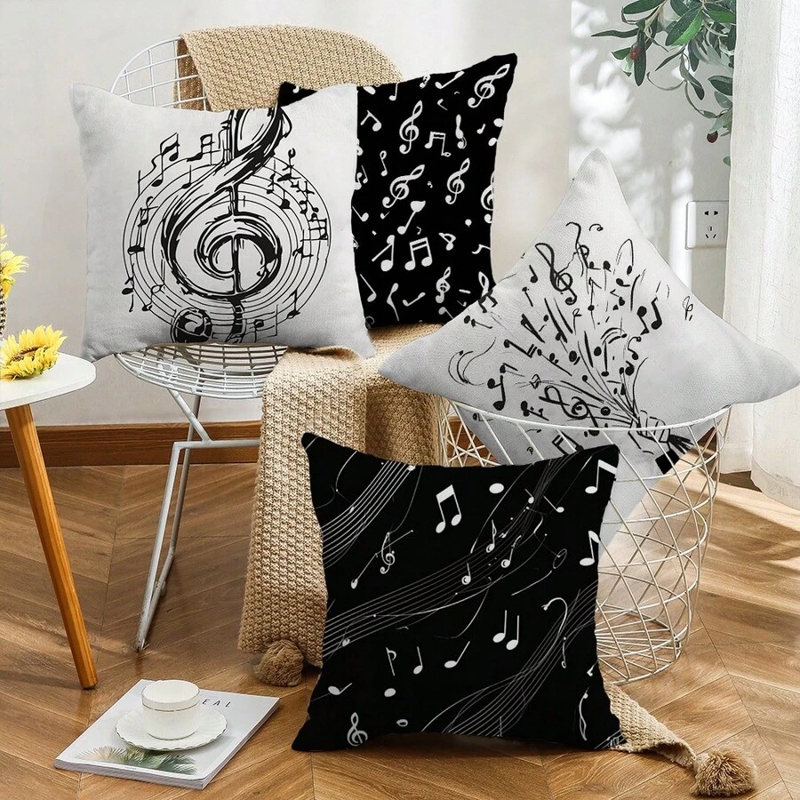 4pcs Black & White Musical Note Throw Pillow Covers - Machine Washable Polyester, Zippered, Suitable For Indoor & Outdoor Decor, Bohemian Style Decorative Pillow Covers (Pillow Insert Not Included)