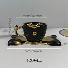 2pcs Ceramic Electroplated Bowknot Coffee Cup & Saucer Set, Gold/White/Black, 100ml Capacity, Couples Gift, Home/Party Use For Coffee, Tea, Water