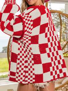 Women's Drop Shoulder Long Sleeve Open Front Mixed Color Plaid Knit Cardigan - Red and White - View 3
