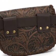 Women's Shoulder Bag Handmade Leather Carved Flower Fanny Pack Vintage Tan Adjustable Belt Mini Shoulder Bag Western Style Carved Leather Waist Bag Vintage Embossing Craft Versatile Crossbody Bag - 咖啡 - 查看 6