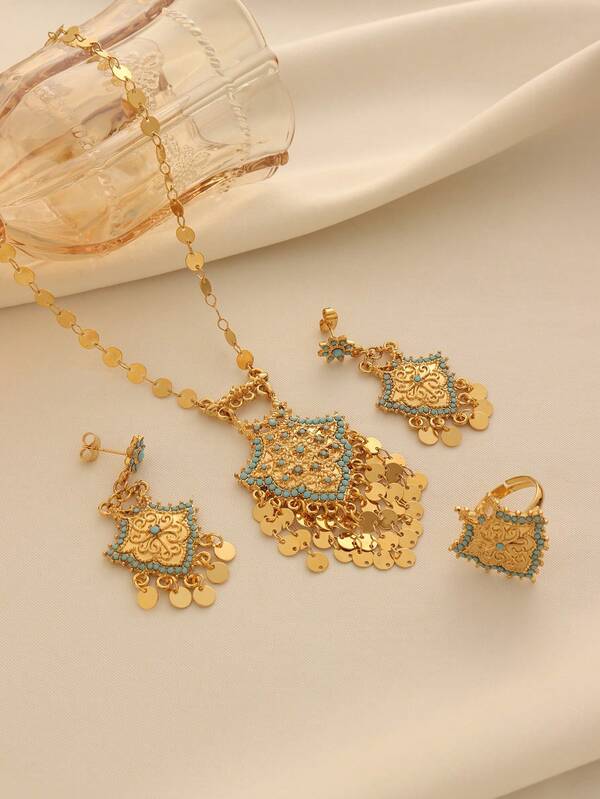 1 Set de Joyería Estilo Bohemio de Aleación de Cobre Chapada en Oro con Colgante Redondo, Borla, Cuentas de Turquesa, Collar, Aretes y Anillo, Adecuado para Uso Diario de Mujeres y Regalo de Vacaciones