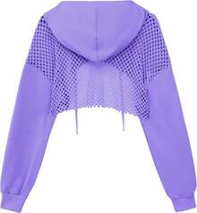 Womens Cropped Hoodie Fishnet Long Sleeve Crop Top Hollow Out Drawstring SweatshirtChristmas - 紫色 - 查看 2