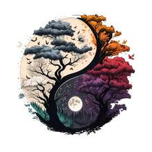 1 件阴阳生命树热转印乙烯基贴片 - 灰色和黄色双季节设计（秋冬和春夏）带有鸟类、蝴蝶和月亮 - DIY 熨烫贴花，适用于衬衫、牛仔裤、包包 - 男女通用时尚贴纸、服装定制、自然灵感艺术、复杂的树枝设计 - 彩色 - 查看 3