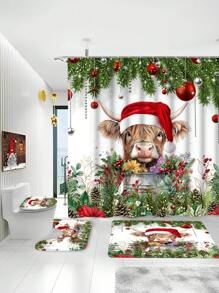 1/4 Pcs Cute Highland Cow Bathroom Set - Christmas Red Hat Shower Curtain, Bath Mat And Toilet Seat Cover - Adorable Farm Animal Design Bathroom Decor - Multicolor - View 5