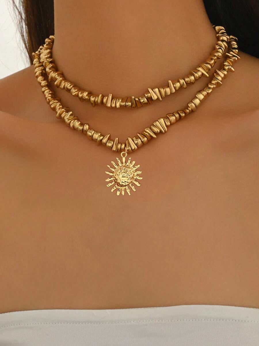2pcs/Set Elegant Asymmetrical CCB Handmade Beaded Necklace, Minimalist Hammered Sunburst Pendant Necklace, Versatile Vintage Choker Necklace For Women, Suitable For Daily Wear, Vacation, Party And Date