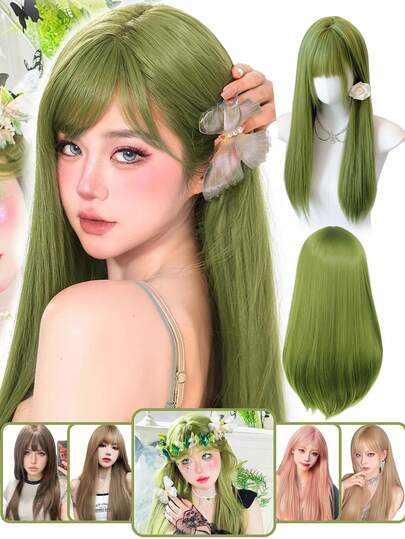 Peruca sintética para cosplay com franja, cabelo liso sintético, 20 polegadas de comprimento, resistente ao calor, verde-fruta, para mulheres