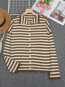 Cardigan PIPER à rayures brunes pour femmes, style scolaire mignon, hauts pour femmes, style streetwear Y2K, style old money, pour femmes, pour enseignantes - Multicolore - Voir 1
