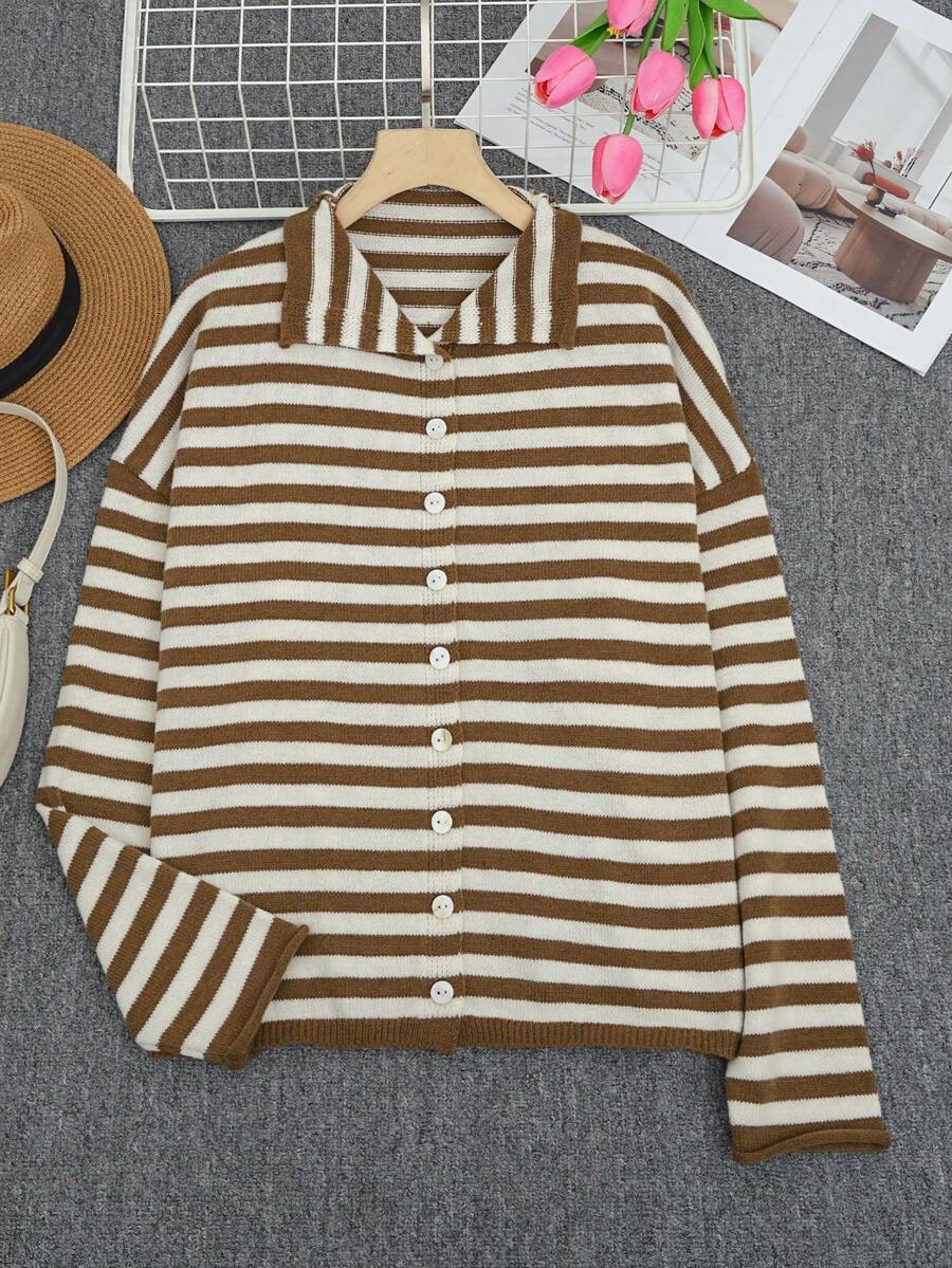 Cardigan PIPER à rayures brunes pour femmes, style scolaire mignon, hauts pour femmes, style streetwear Y2K, style old money, pour femmes, pour enseignantes - Multicolore - Voir 1