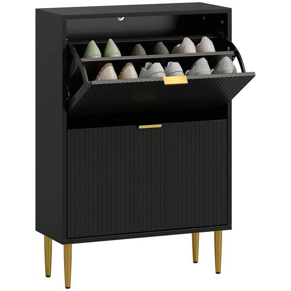  HOMCOM Narrow Shoe Cabinet With 2 Flip Drawers, Modern Slim Shoe Storage Cabinet With Fluted Doors And Adjustable Shelves For Hallway, Holds 12 Pairs, Black