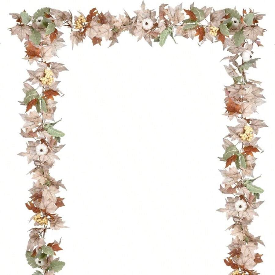 2pcs Fall Maple Leaves Garland Decoration  Artificial Fall Foliage Garland With White Pumpkins Autumn Decor For Halloween Thanksgiving Home Table Decor - 白色 - 查看 1