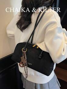 CHAIKA & KILTER 1 buah Tas Bahu Kain Suede Warna Solid, Tas Bowling Kapasitas Besar Gaya Retro Wanita, Desain Pegangan Ganda dengan Penutup Resleting, Cocok untuk Penggunaan Sehari-hari dan Luar Ruangan (Dijual dengan Liontin) - Hitam - View 4