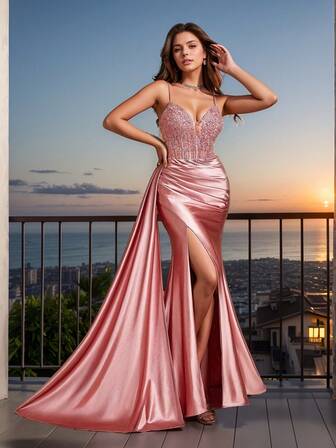 Mermaid Style Spaghetti Straps Floral Prom Evening Dress Deep V Neck Slit Hight Beading Evening Dress