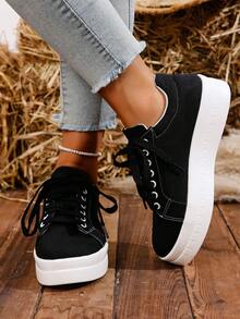 Zapatillas casuales de unicolor para mujer, ligeras y versátiles, con suela gruesa y cordones delanteros, ideales para estudiantes universitarios, aptas para todas las estaciones y perfectas para caminar a diario